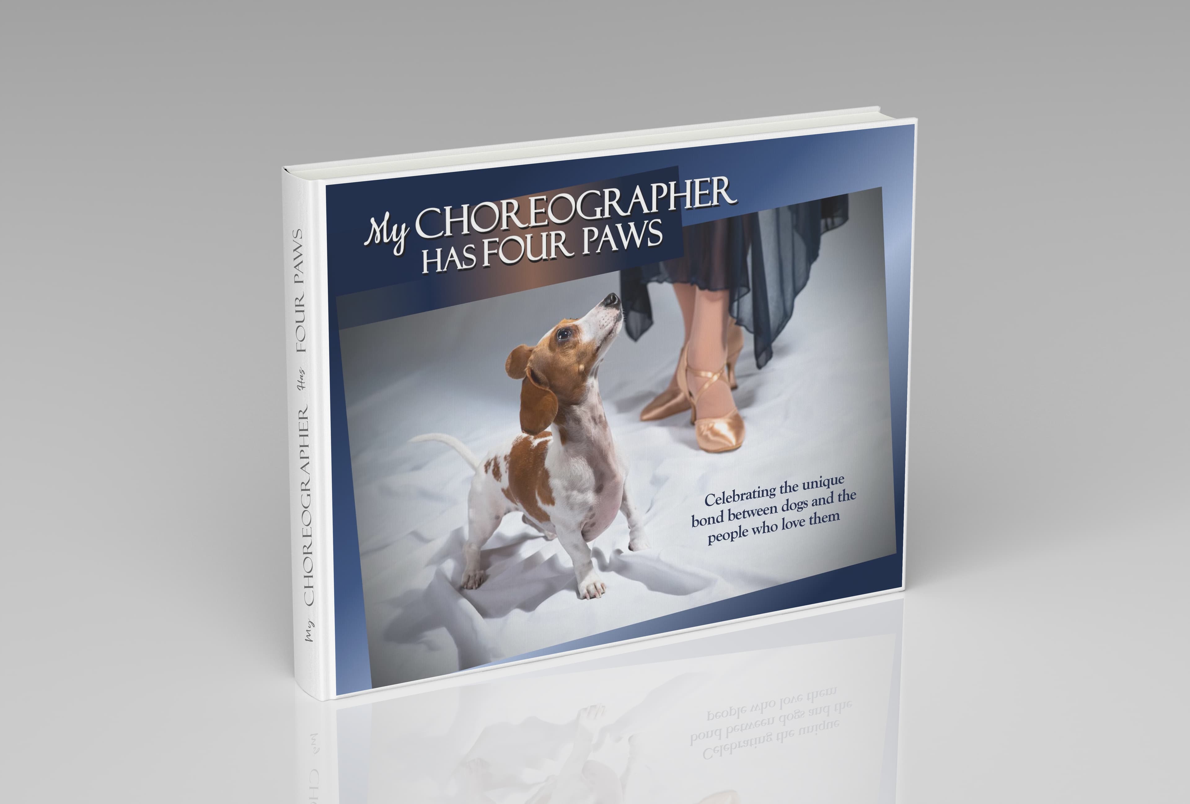 Book mockup for 'My Choreographer Has Four Paws' showing close up of mini dachschund and a woman's ballroom shoes